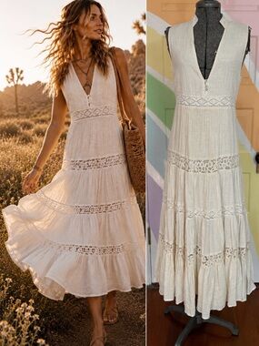 spell doe eyed midi dress SPELL - Doe Eyed Midi Dress - Cream Body: 100% Cotton Lining: 100% Rayon  Bust - XXS: 80cm | XS: 85cm | S: 90cm | M: 95cm | L: 100cm